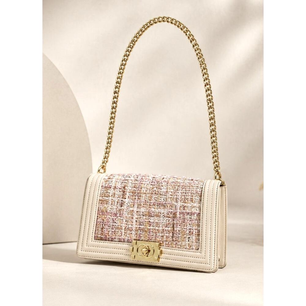 Tweed Boy Chain Shoulder Bag Purse Cream Pink Gold Preppy Old Money Coquette